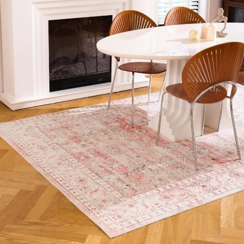 New 6x4 Vintage Pink Area Rug, Washable Non-Slip, Low Pile Carpet for Home
